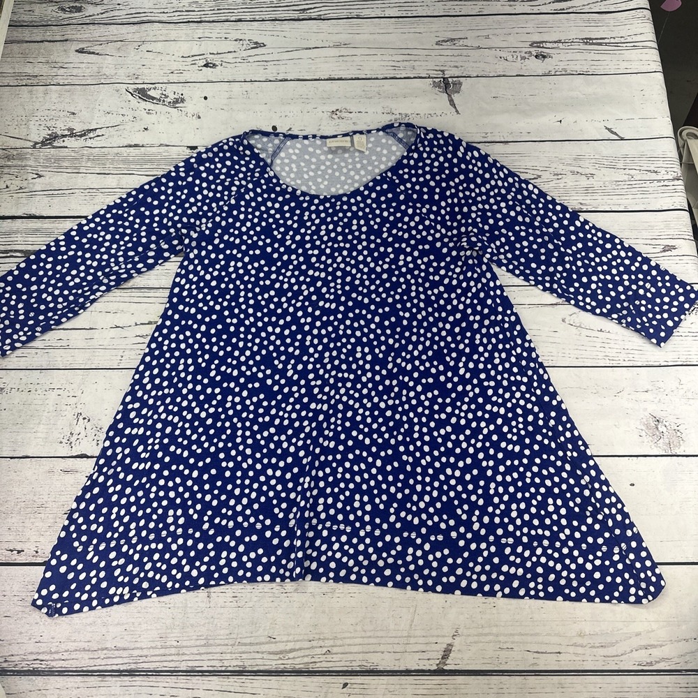 Chicos Womens Blue White Polka Dot Tunic Top Shirt Size 0 Long Sleeve Stretch